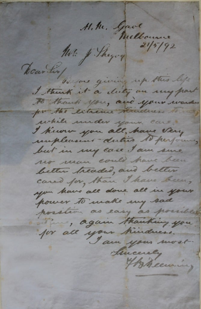 Letter to the Governor of the Melbourne Gaol, 21 May 1892