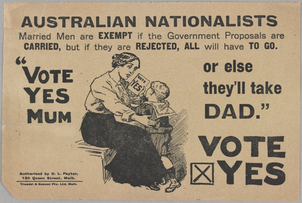 Child telling mother "Vote yes Mum, or else they'll take Dad"