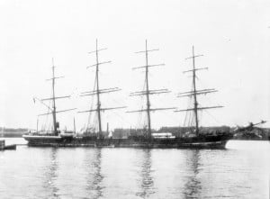 Photograph showing four-masted barque Trafalgar in harbour
