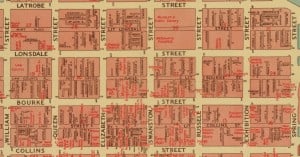 Morgan's map of Melbourne's CBD, showing street numbering and the names of business.