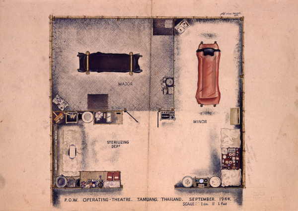 Watercolour showing interior layout of makeshift operating theatre, with partitions for major and minor surgery, instruments and medical supplies on tables.