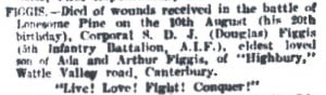 The notice placed by Figgis' parents in The Argus, Monday 6 September 1915.