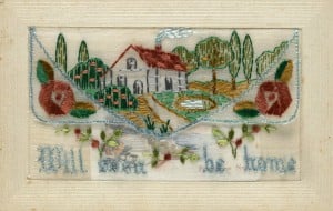 Embroidered postcard with message from Tom to his father Mr J O'Halloran of Castlemaine.
