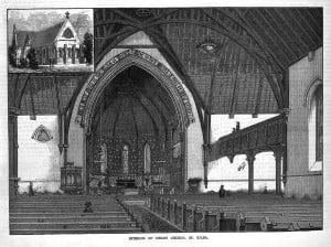 Wood engraving from 1882 of the Interior of Christ Church, St Kilda.