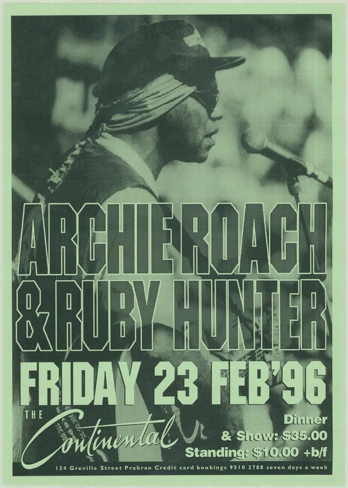 Performance poster for Archie Roach & Ruby Hunter. Photograph of Archie Roach. Performance date printed on poster: Friday 23 Feb '96.