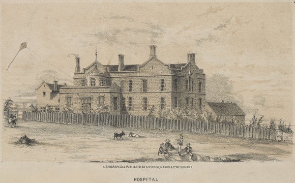 A lithograph of the first Melbourne hospital from the 1850s