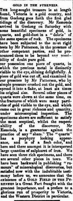 Newspaper article about the first reported discovery of payable gold in Victoria.