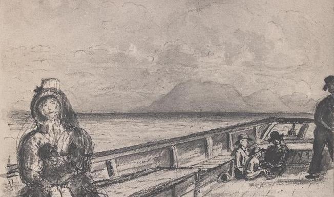 A drawing from the mid 1800's showing a woman on the deck of a ship.