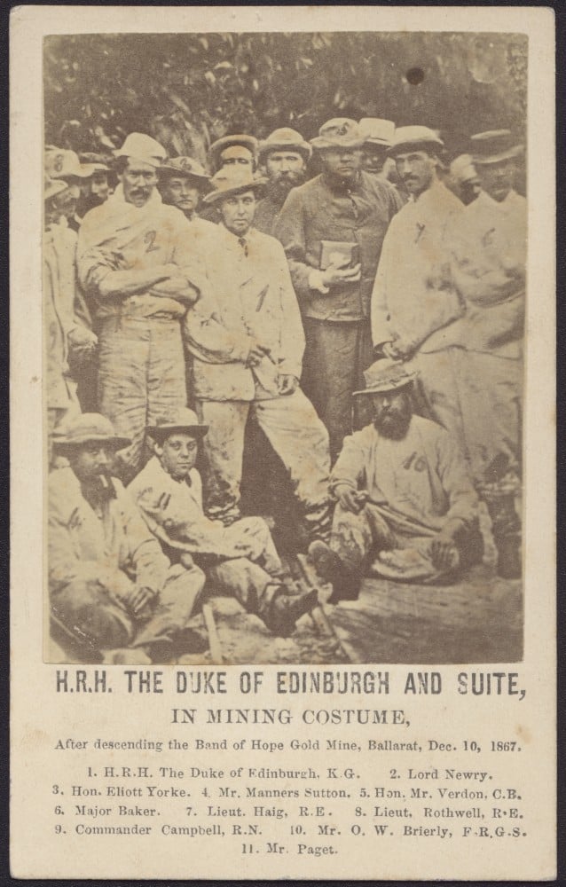 Group of men with Prince Alfred, the Duke of Ediburgh in centre, whole length, full face. 