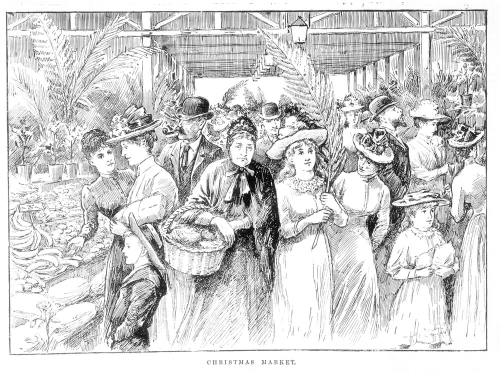 A wood engraving showing people shopping at Queen Victoria market.