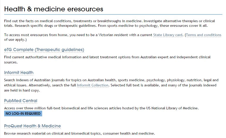 Health and medicine eresources screenshot