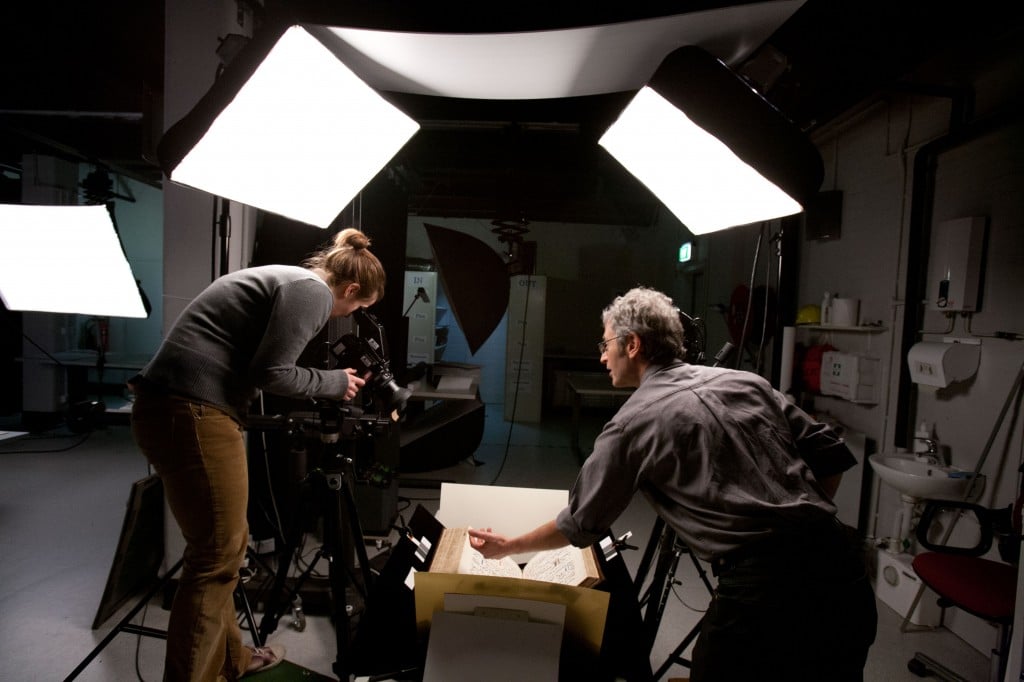 Photo of two people working in the Library's digital imaging studio