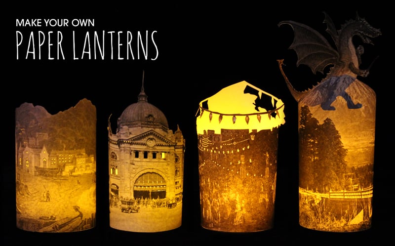 Photo of 4 paper lanterns made from images in the library collection