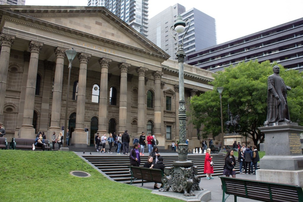 Image of the Library forecourt showing the gas lamp in the centre foreground