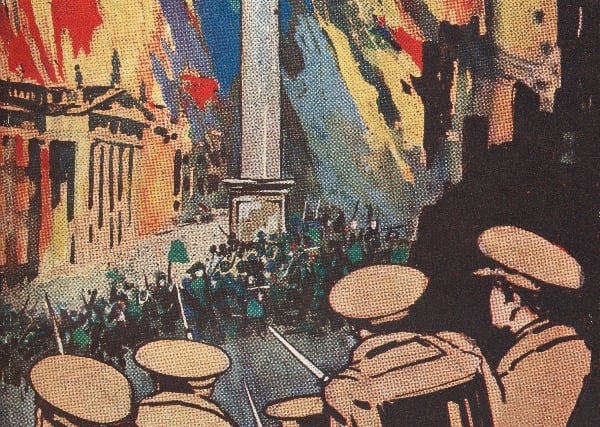 Illustration of soldiers looking towards a building in flames