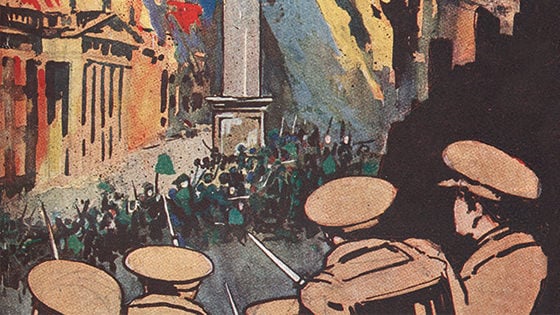 Illustration of Dublin's O'Connell Street during the 1916 Easter Rising, with soldiers in the foreground and the GPO in flames