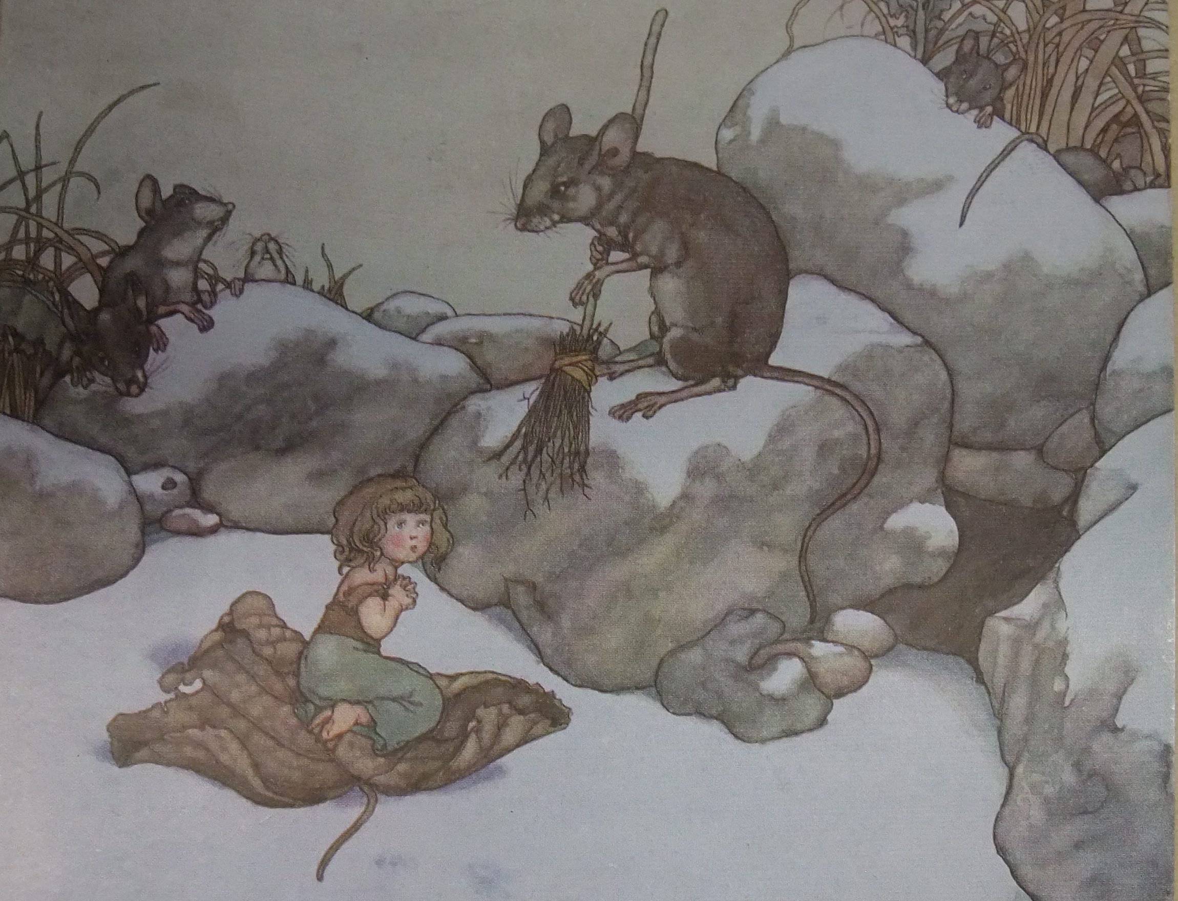 a mouse with a broom and a small girl