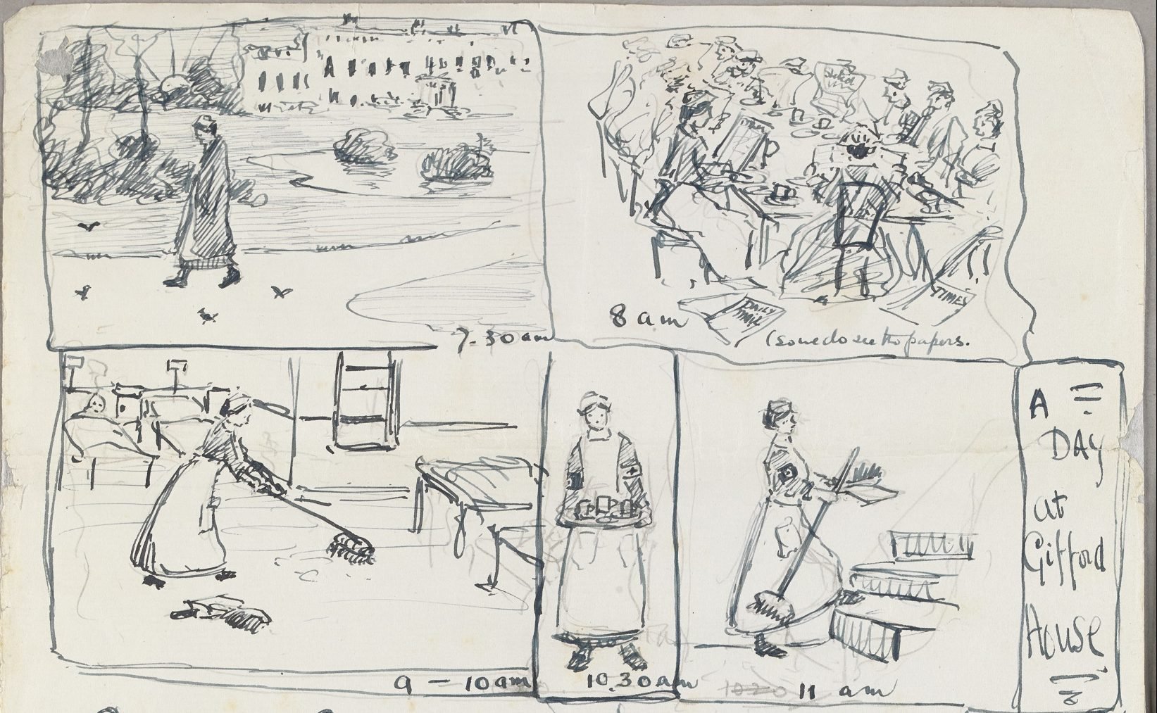sketch of people doing chores