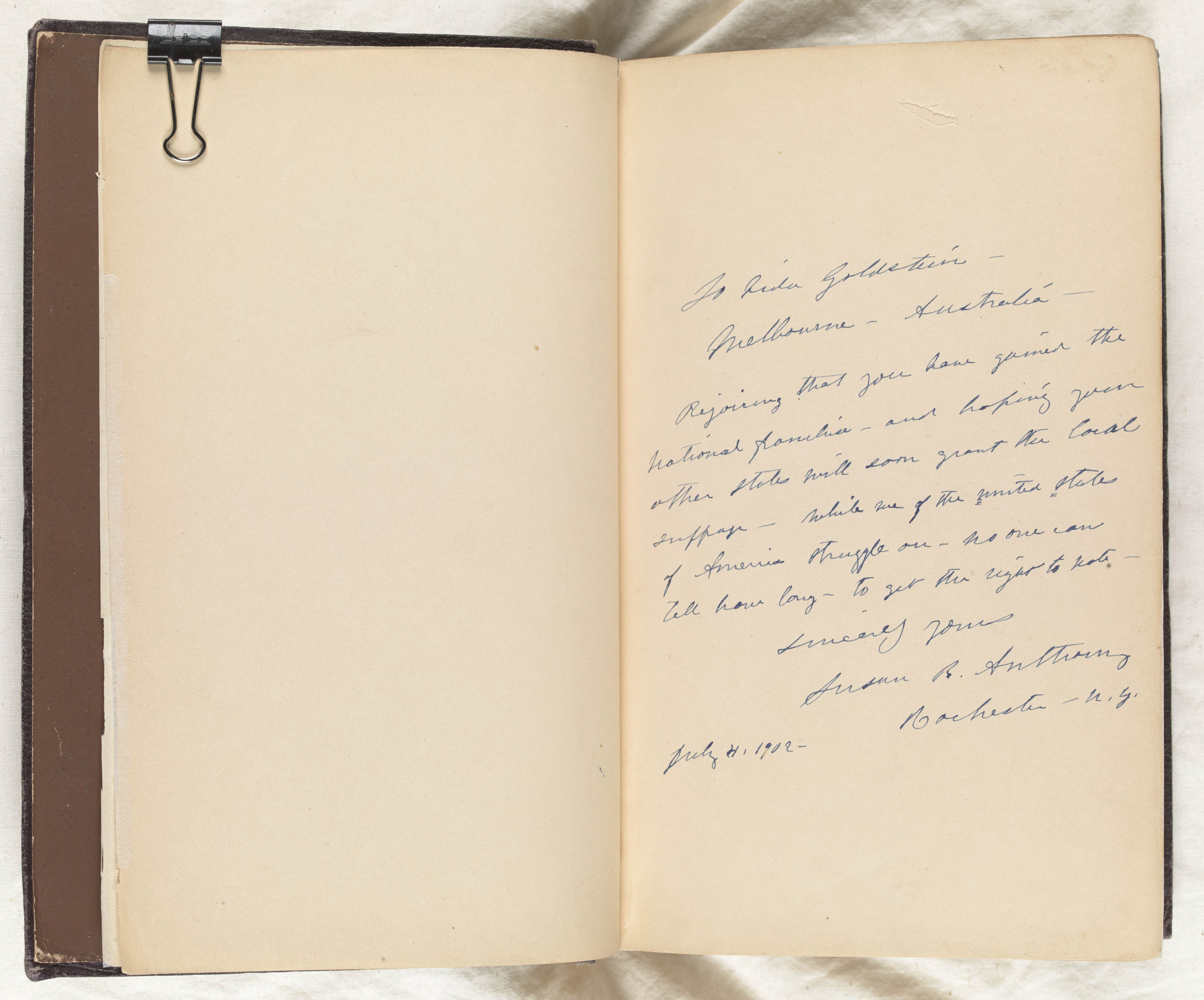 An inscription on the flyleaf of volume 3 of 'The history of Woman Suffrage', edited by Susan B. Anthony and Ida Husted Harper, 1896. The inscription is in Anthony's hand. 