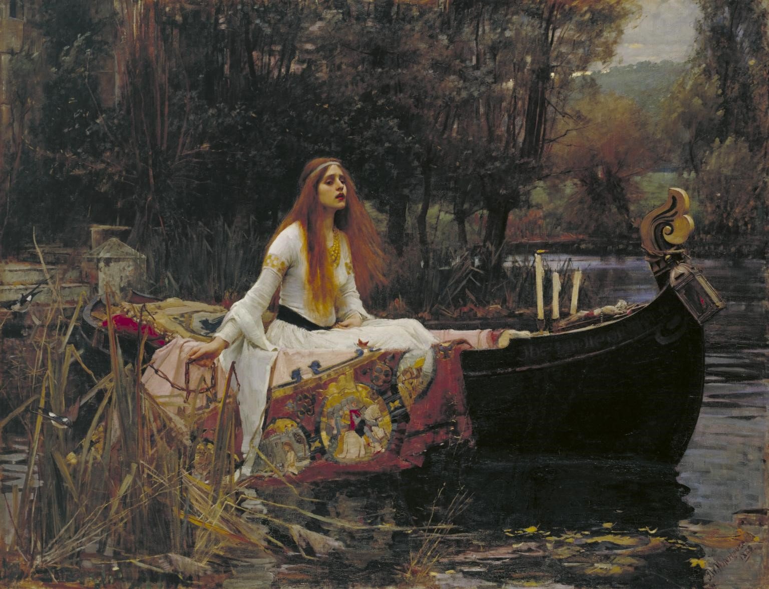 Elaine of Astolat sits in a boat prior to her death by drowning, distraught at being abandoned by Lancelot. Rich medieval tapestries adorn the boat; she wears a white dress with flowing sleeves and has long red hair. 