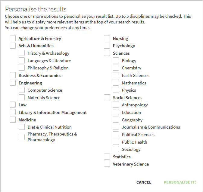 Personalise the results: select up to 5 disciplines to display more relevant items at the top of the search results