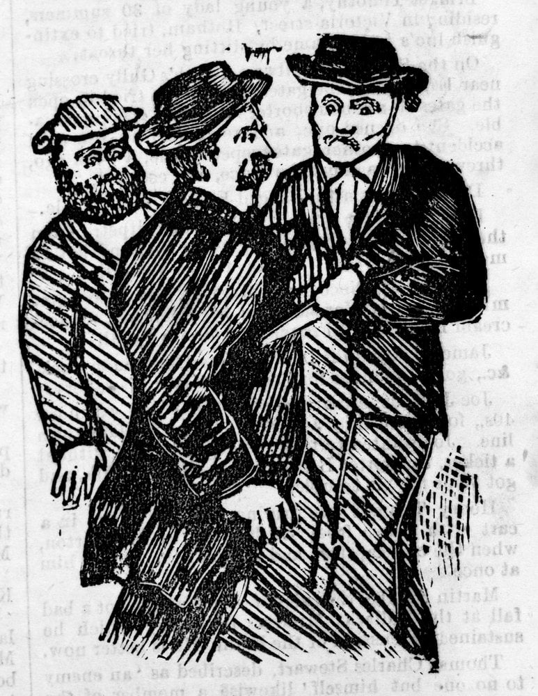 Black and white illustration depicting two men, one holding a carving knife, apprehending a third man.