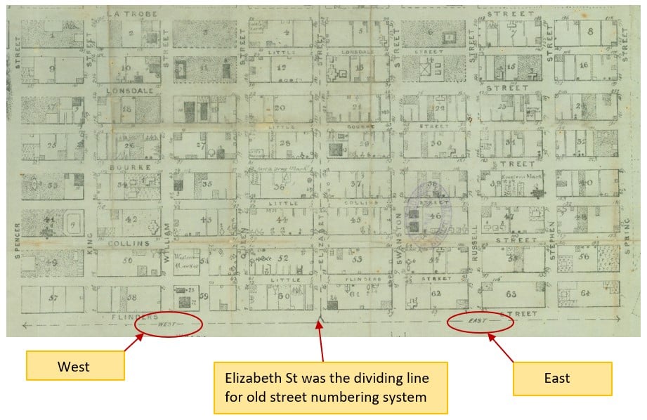 Old map of Melbourne CBD from 1853 shows the dividing line of Elizabeth Street