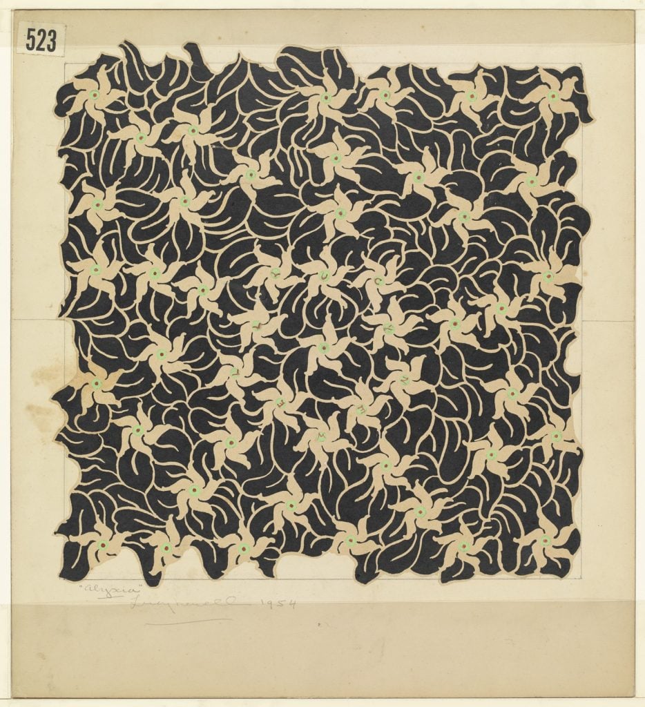 A watercolour depicting uncoloured flowers with lime green centres on a black backdrop of swirling leaves.