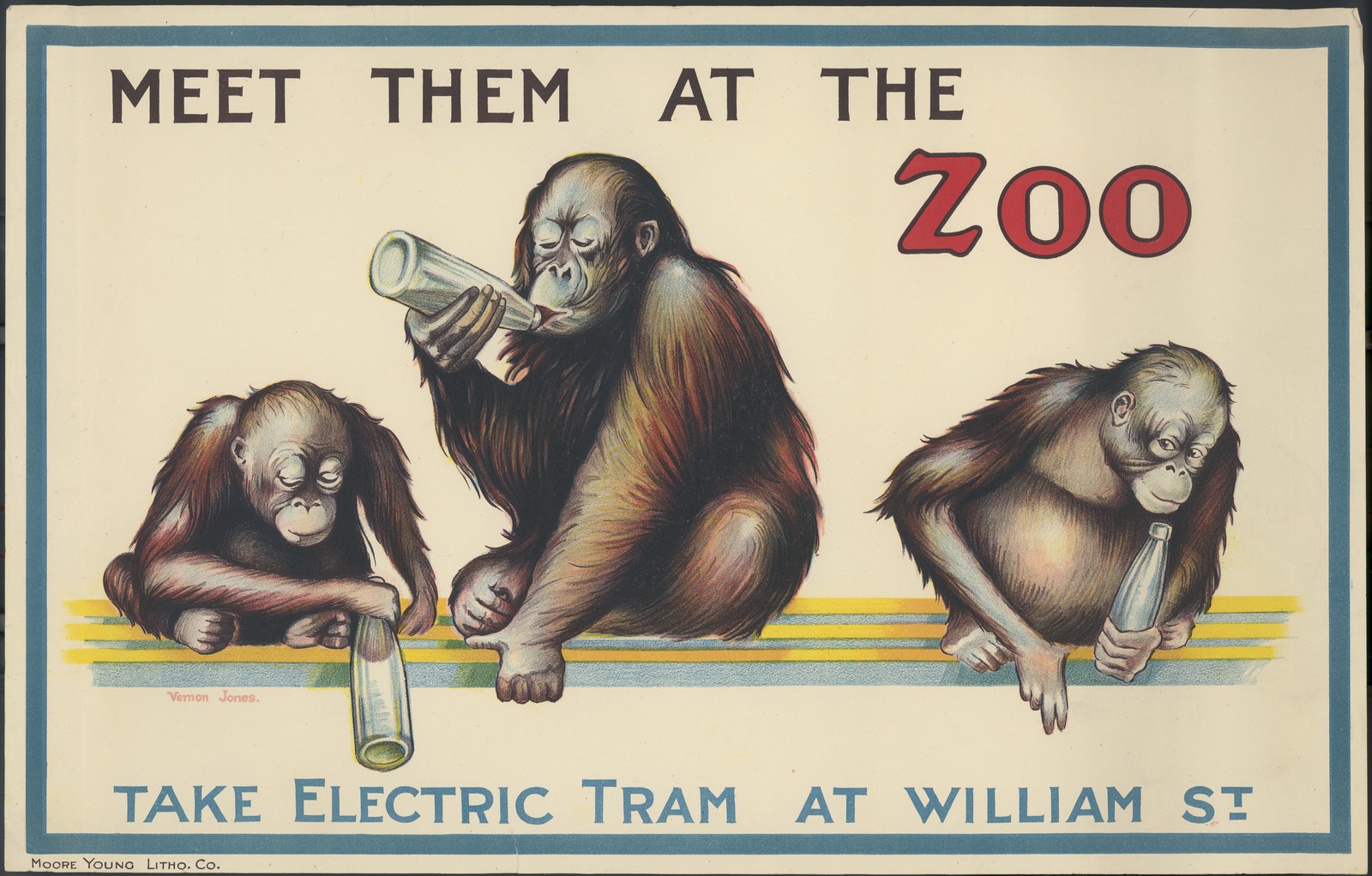 Shows three monkeys each with a baby's feeding bottle, title of poster printed above and below image