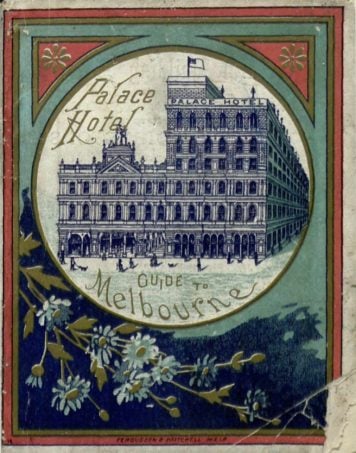 Colour picture of the exterior of the Palace Hotel framed by native flowers. 