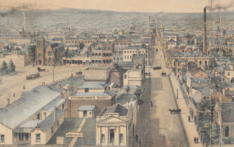Colour lithograph showing Victorian Artists' Building in streetscape in 1889