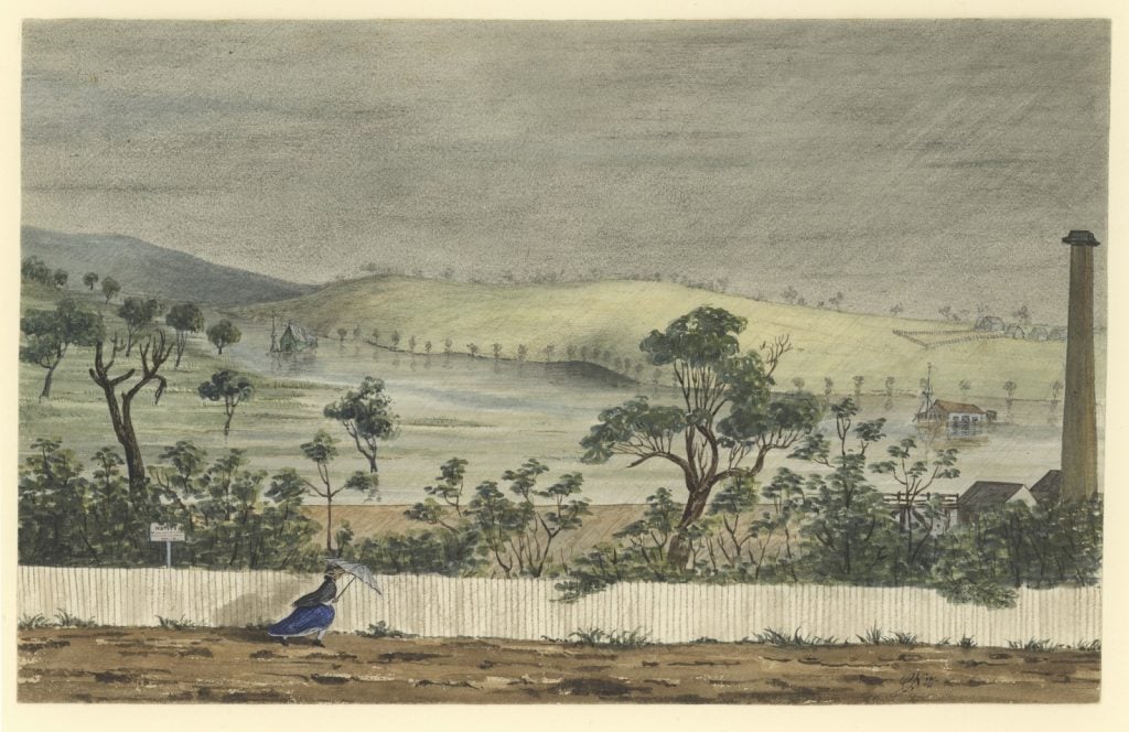 Watercolour painting depicts 
buildings surrounded by water, a woman in the forground walking along footpath with an umbrella against the storm.