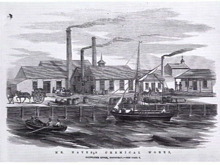 Lithograph, Sailing and rowing boats alongside a wharf with factories and smoking chimneys in the background