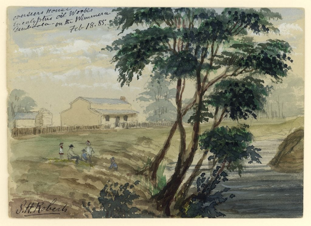 Watercolour, People sitting on the riverbank, with a cottage behind them, trees on the waters edge.