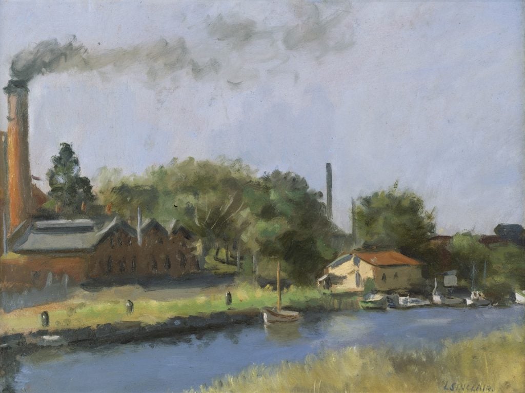 Oil painting, Maribyrnong River with boats and smoking factory chimney.
