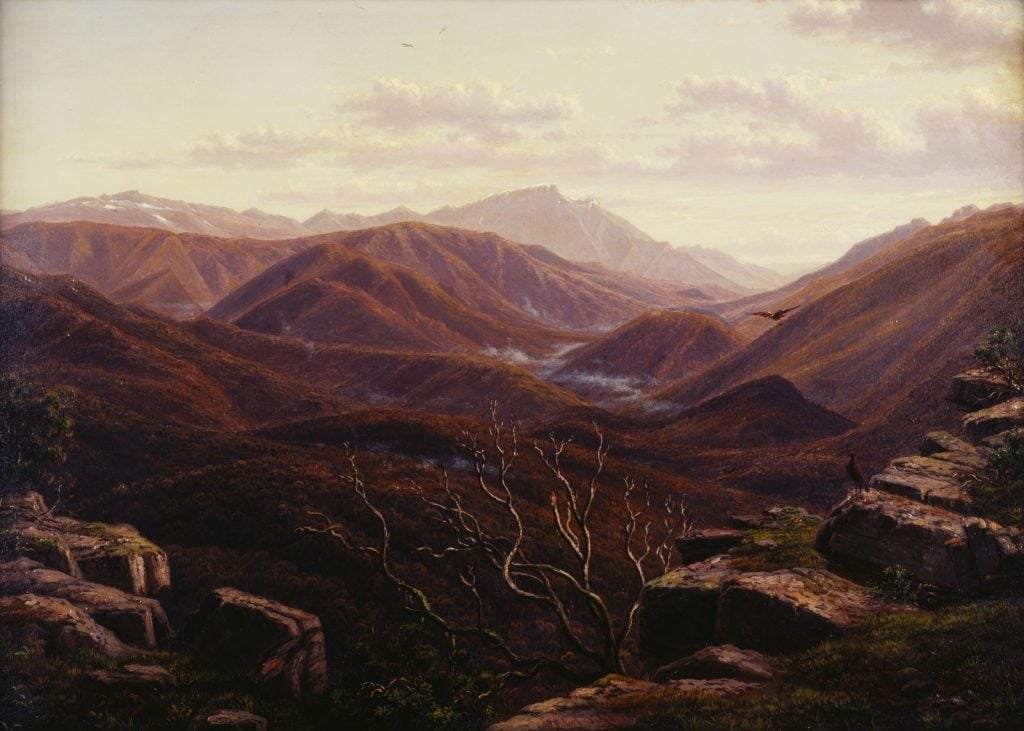 Oil painting, Panorama with mountain ranges, some snow caps, mist in the valleys, and rocky terrain and a snow gum in the foreground