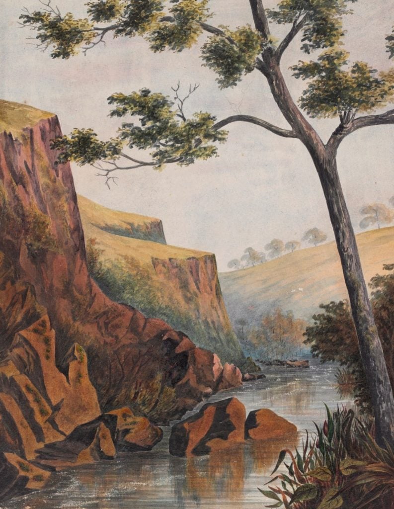Picture left, watercolour, rocky cliffs with river meanering through, a ridge topped with trees in the background.
