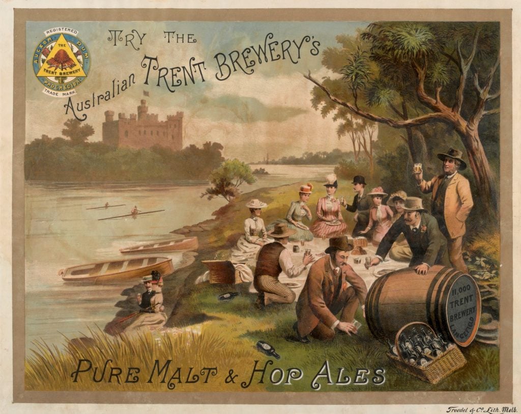 poster advertising Trent Brewery, pure malt and hop ales - a picnic scene alongside a river with men and women, rowboats on the rivers edge.