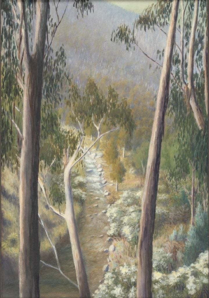 Picture right - watercolour, looking through tall straight trees, to the Howqua River below, distant hills in the background.