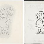 Two drawings, designs for Blinky Bill dress up book, one is in grey pencil and one is in black pen and ink