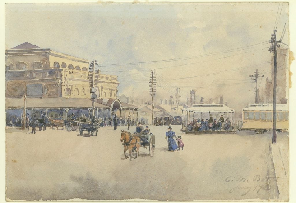 View of the fish market with trams and pedestrians