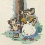 Hand-coloured illustration of Blinky Bill and Mrs Koala holding hands