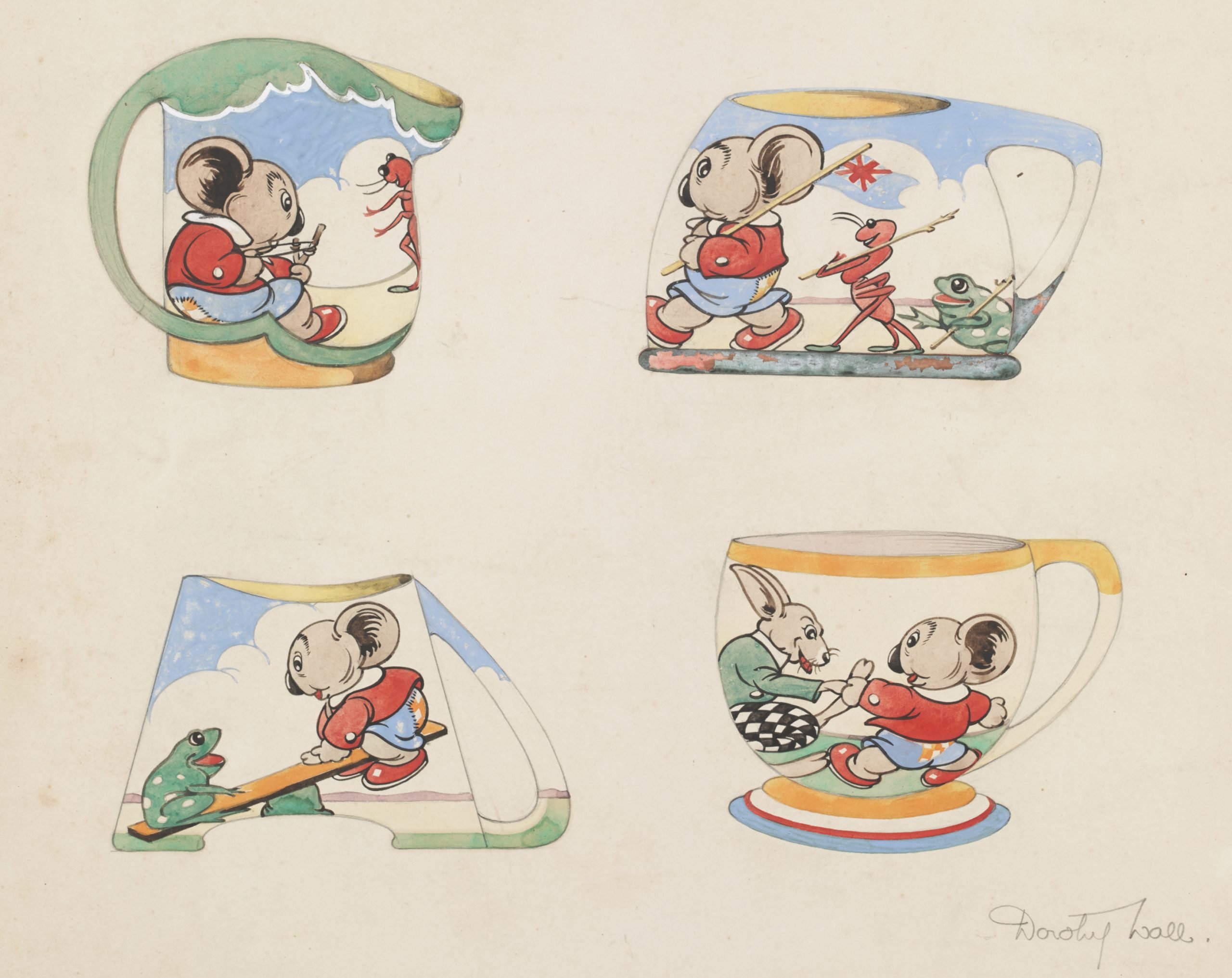 Hand-coloured illustrations of designs for Blinky Bill mugs