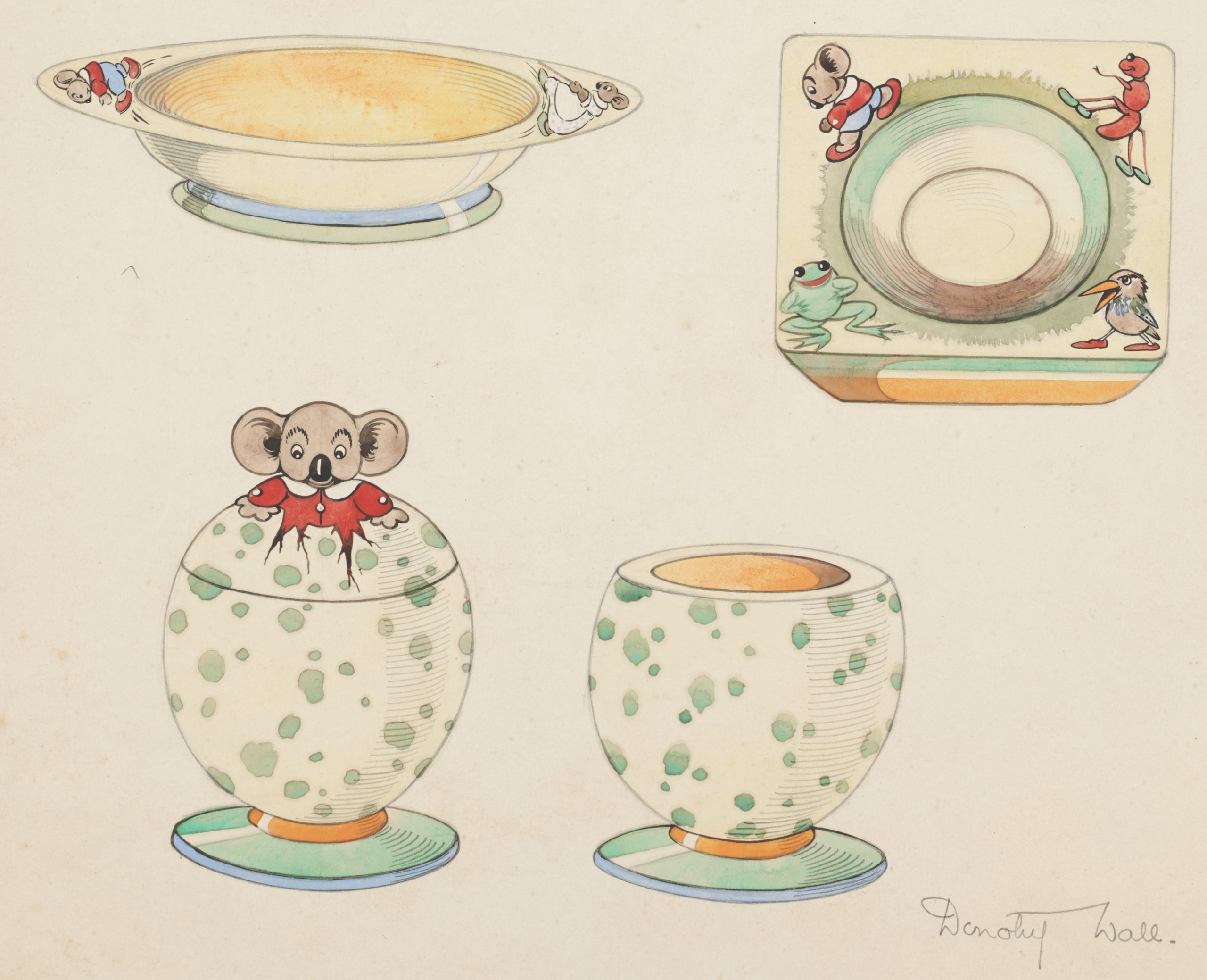 Hand-coloured illustrations of designs for Blinky Bill plates and egg-cup