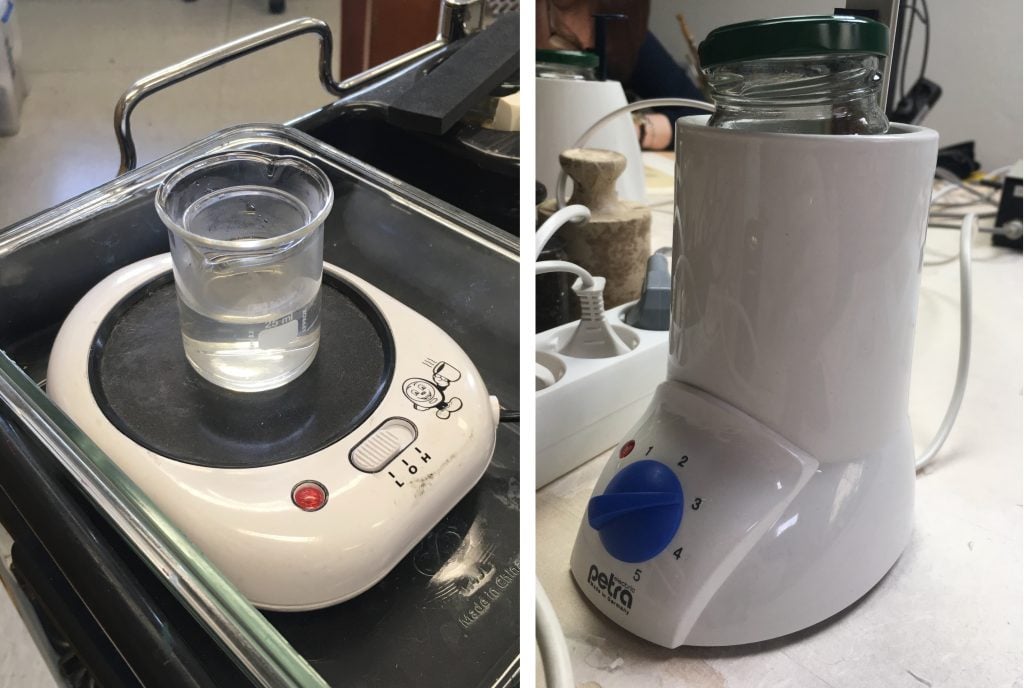 Two images of isinglass being warmed on a cup warmer and in a bottle warmer