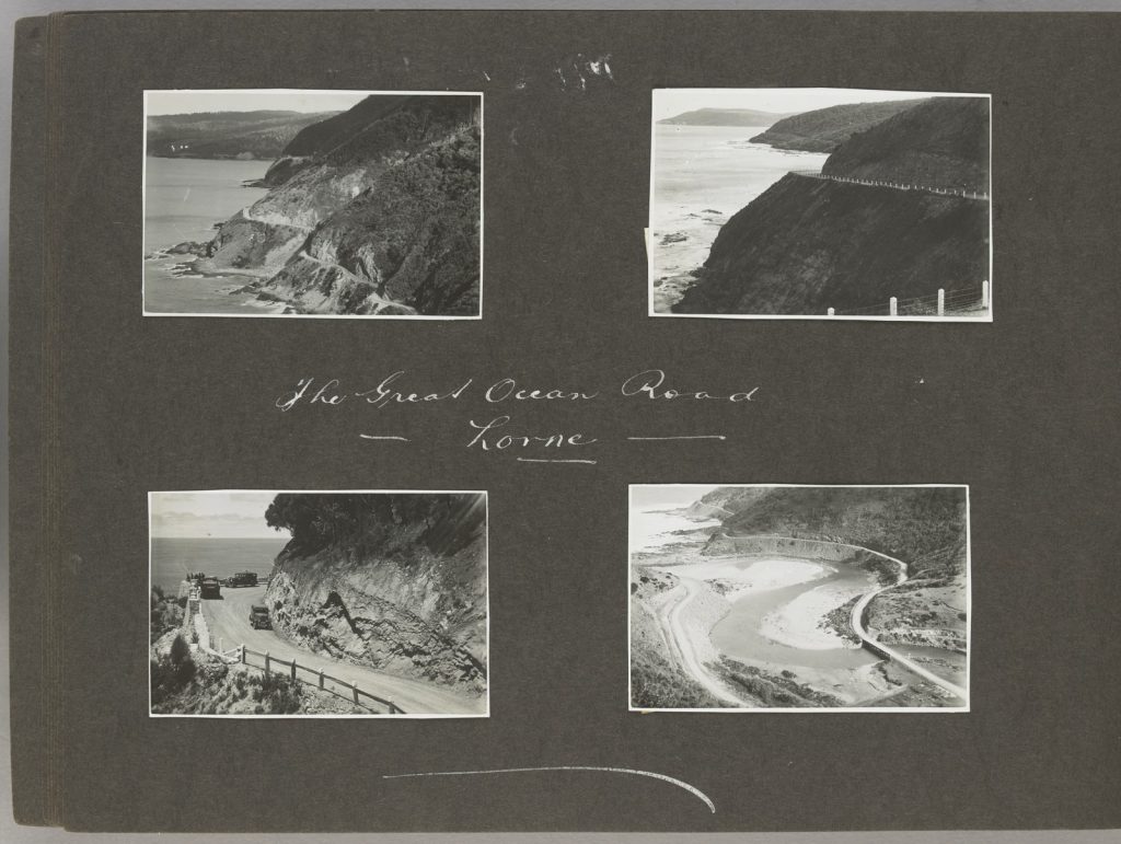 page from a photograph album with four images of the views along the road.