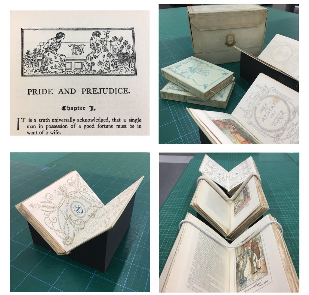 Photos of first edition illustrated collection of Jane Austen novels.