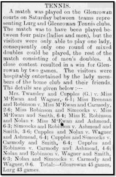image of an article in the Benalla standard newspaper on a tennis match played in Glenrowan between the Glenrowan and Lurg teams