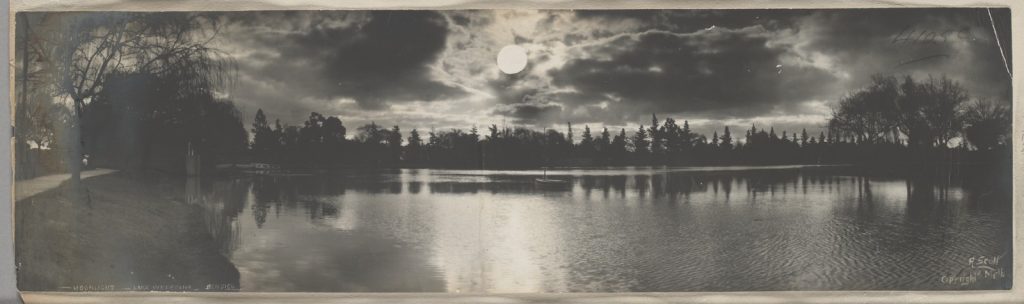 Panoramic photograph with a full moon illuminating the scene - the lake ringed with trees
