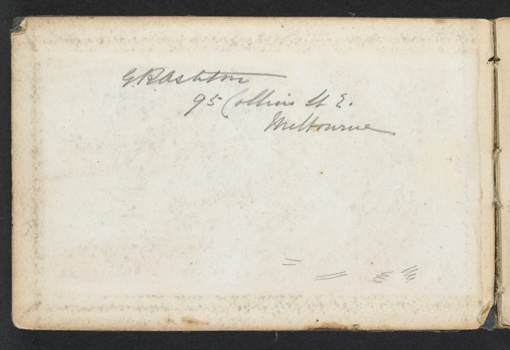Inside cover of sketchbook, inscribed with G R Ashton and address.